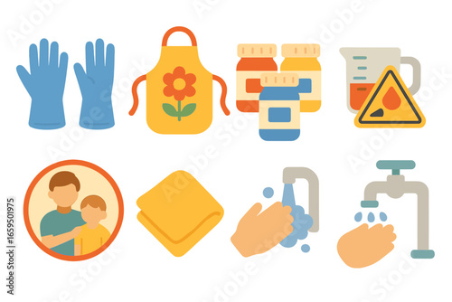Children's Dye Safety Icons. Flat vector mini-illustrations of dye safety for kids in colors children's