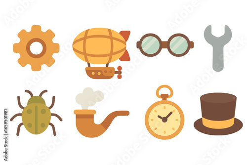 Steampunk Adventure Icons. Flat vector mini-illustrations Steampunk expedition in colors children's illustrations: gear, airship,