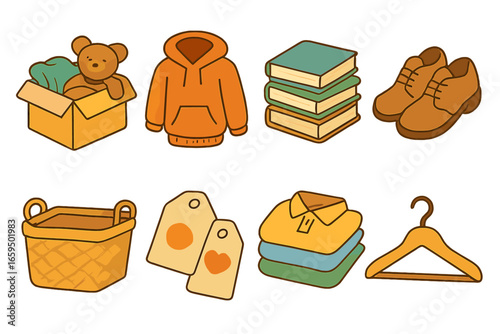 Children's Donation Icons. Flat vector mini-illustrations decluttering and donating in colors children's