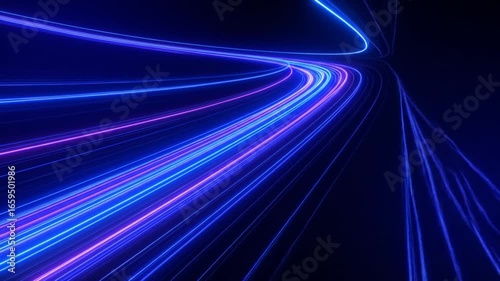 Glowing neon lines in blue and purple converge into the dark