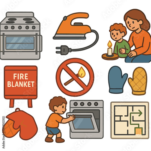 Children's Fire Safety Icons. Flat vector mini-illustrations household fire safety in colors children's
