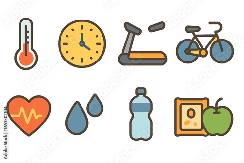 Metabolic Rate Icons. Flat vector mini-illustrations metabolic rate in colors children's illustrations: thermometer, clock,