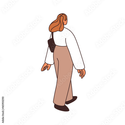 Business woman walking away, back view. Female office worker going to work, f...