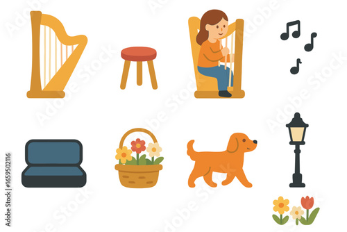 Street Harpist Mini-Icons. Flat vector mini-illustrations Street harpist performance in colors children's illustrations: harp,