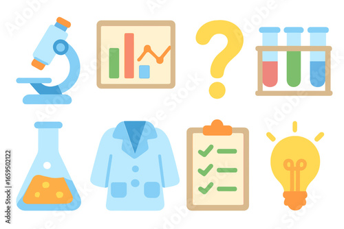 Child's Science Icons. Flat vector mini-illustrations research hypothesis in colors children's illustrations: microscope, data