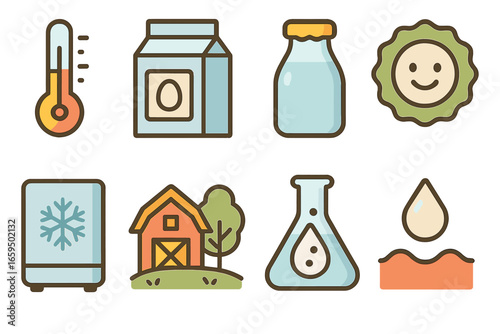 Milk Freshness Icons. Flat vector mini-illustrations milk safety and freshness in colors children's illustrations: thermometer,