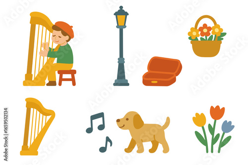 Street Harpist Mini-Icons. Flat vector mini-illustrations Street harpist performance in colors children's illustrations: harp,