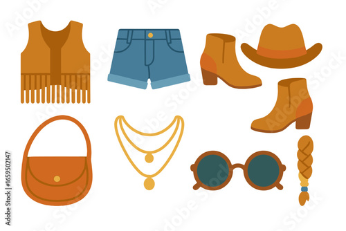 Summer Festival Icons. Flat vector mini-illustrations festival summer looks in colors children's illustrations: fringe vest, denim