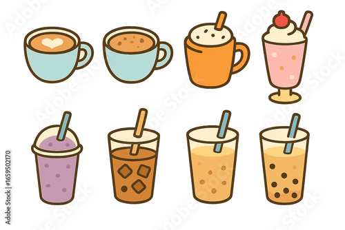 Milk Beverage Icons. Flat vector mini-illustrations milk-based beverages in colors children's illustrations: latte cup, cappuccino