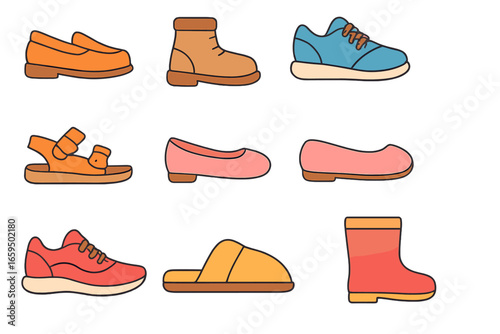 Children's Footwear Icons. Flat vector mini-illustrations Minimalist footwear collection in colors children's