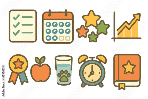 Children's Habit Tracker Icons. Flat vector mini-illustrations Habit tracking in colors children's