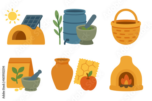 Sustainable Living Icons. Flat vector mini-illustrations Revitalizing traditional knowledge for modern sustainability in colors