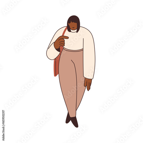 Black woman standing in casual outfit, apparel. Plus-size female with shoulde...