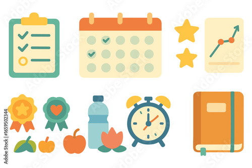 Children's Habit Tracker Icons. Flat vector mini-illustrations Habit tracking in colors children's