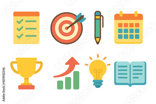 Children's Goal Icons. Flat vector mini-illustrations Goal setting for success in colors children's