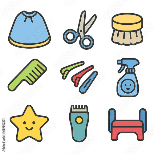 Children's Haircut Tools Icons. Solid, filled icons set of children’s haircut tools: cartoon cape, safety