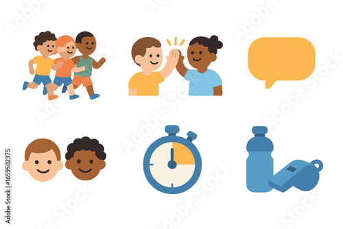 Teamwork and Playtime Icons. Flat vector mini-illustrations social interaction and teamwork in colors children's illustrations: