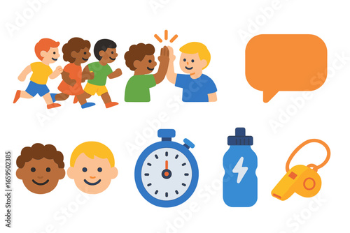 Teamwork and Playtime Icons. Flat vector mini-illustrations social interaction and teamwork in colors children's illustrations: