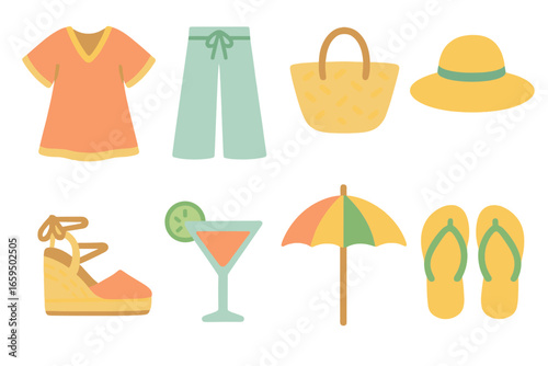 Tropical Vacation Essentials. Flat vector mini-illustrations resort vacation wear in colors children's illustrations: kaftan cover