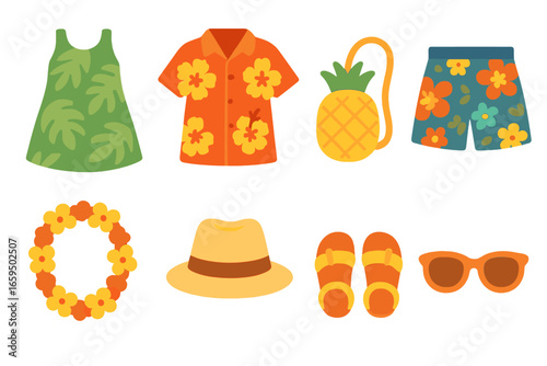 Tropical Kids' Outfits. Flat vector mini-illustrations tropical print outfits in colors children's illustrations: palm leaf dress,