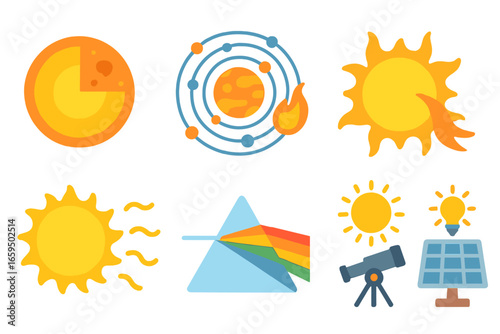 Children's Solar Science Icons. Flat vector mini-illustrations sunlight and science in colors children's illustrations: sun