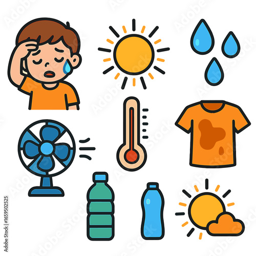 Children's Heat Illustrations. Flat vector mini-illustrations temperature and sweating in colors children's