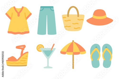 Tropical Vacation Essentials. Flat vector mini-illustrations resort vacation wear in colors children's illustrations: kaftan cover
