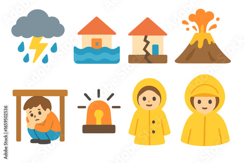 Natural Disaster Icons. Flat vector mini-illustrations natural risks in colors children's illustrations: thunderstorm, flood,