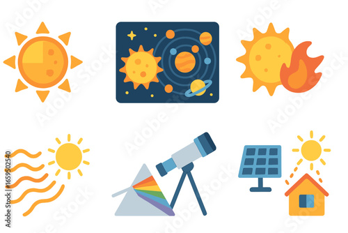 Children's Solar Science Icons. Flat vector mini-illustrations sunlight and science in colors children's illustrations: sun