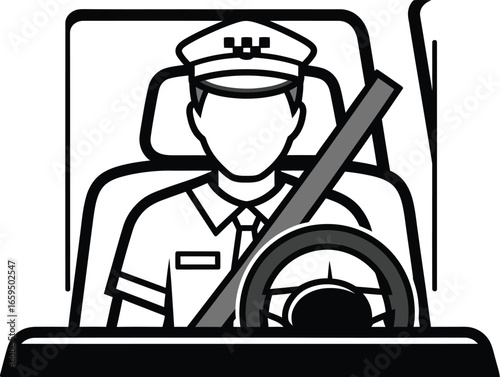 Taxi driver in uniform sitting behind the wheel of a car with seatbelt