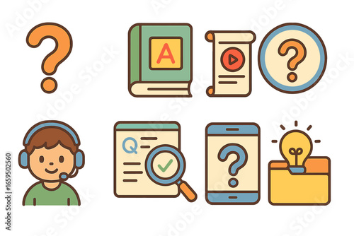 Children's Help Icons. Flat vector mini-illustrations help center icons in colors children's illustrations: