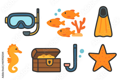Underwater Adventure Icons. Flat vector mini-illustrations Underwater diving scenes in colors children's illustrations: scuba mask