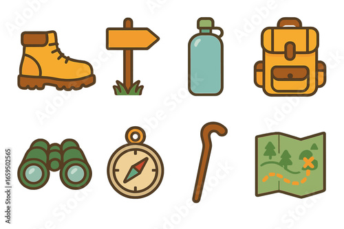 Children's Hiking Icons. Flat vector mini-illustrations Hiking in nature in colors children's illustrations: