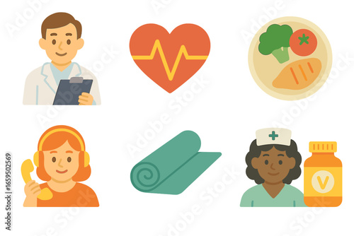 Children's Health Icons. Flat vector mini-illustrations Health and wellness support in colors children's