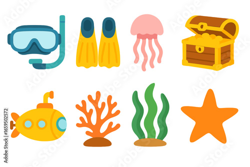 Underwater Adventure Icons. Flat vector mini-illustrations Deep sea diving in colors children's illustrations: scuba mask,