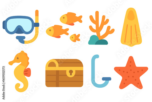 Underwater Adventure Icons. Flat vector mini-illustrations Underwater diving scenes in colors children's illustrations: scuba mask