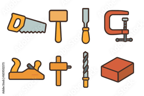 Children's Woodworking Tools. Flat vector mini-illustrations woodworking tools in colors children's illustrations: hand saw,