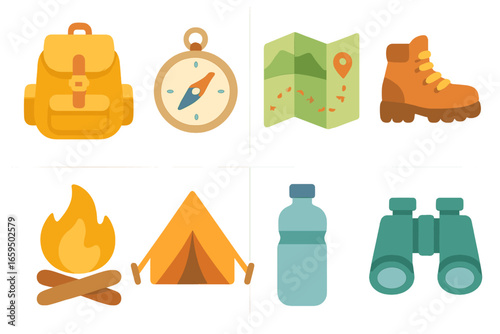 Children's Hiking Adventure Icons. Flat vector mini-illustrations hiking adventure in colors children's
