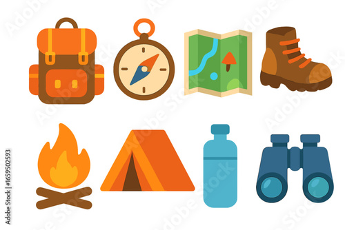 Children's Hiking Adventure Icons. Flat vector mini-illustrations hiking adventure in colors children's