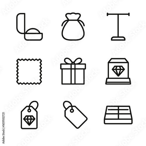 Jewelry Accessories Icons. Outline icon set of jewelry accessories: jewel box, velvet pouch, jewelry stand, polishing cloth, gift