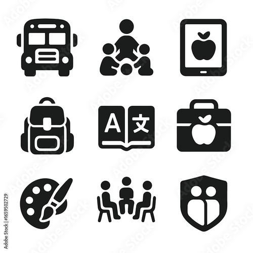 Children's Integration Icons. Solid, filled icons set of integration for children: school bus icon, playgroup,