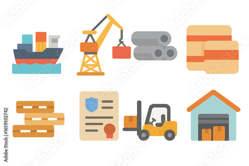 Children's Import Illustration. Flat vector mini-illustrations Importing infrastructure goods in colors
