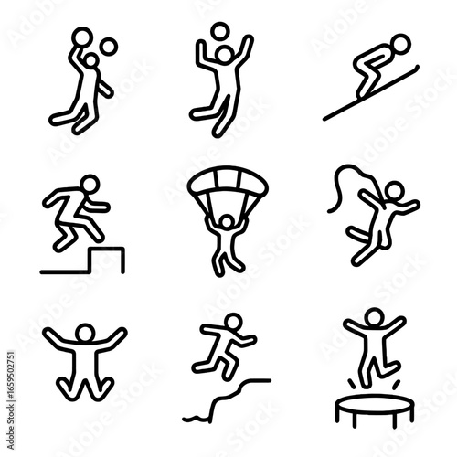 Jump Sports Icon Set. Outline icon set of jump sports: basketball jump, volleyball jump, ski jump, parkour jump, base jump, bungee