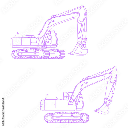 Line art illustration of excavator construction vehicle