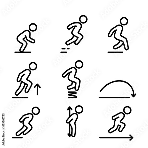 Jump Mechanics Icons. Outline icon set of jump mechanics: takeoff, flight, landing, push off, spring action, air time, jump angle,