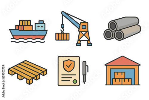 Children's Import Illustration. Flat vector mini-illustrations Importing infrastructure goods in colors