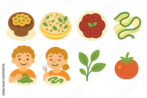 Vegetarian Kids' Dishes. Flat vector mini-illustrations vegetarian gourmet dishes in colors children's illustrations: stuffed