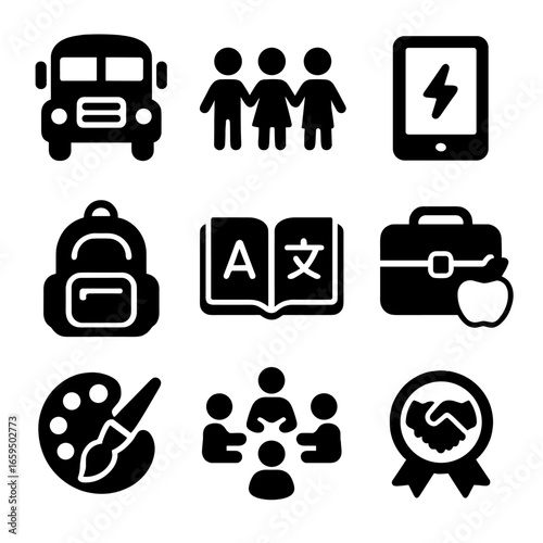 Children's Integration Icons. Solid, filled icons set of integration for children: school bus icon, playgroup,