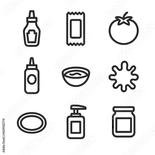 Ketchup Icons Collection. Outline icon set of ketchup products: ketchup bottle, ketchup packet, tomato, squeeze bottle, dipping