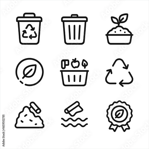 Cling Wrap Disposal Icons. Outline icon set of cling wrap disposal: recycling bin, trash bin, compost bin, biodegrade symbol,
